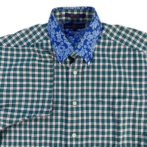 Tommy Hilfiger Mens Green Plaid Blue Floral Collar Short Sleeve Shirt Medium